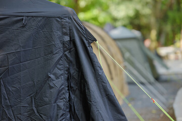 Close-up of Black Tent Fabric and Guy Lines at Campsite