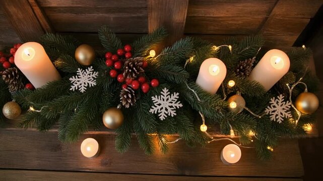 Cozy Christmas Garland Adorned with Candles and Ornaments on a Rustic Wooden Mantel