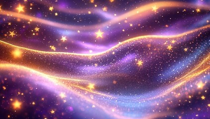 Glowing golden stars scattered over flowing purple and blue sparkling fabric creating a magical and cosmic atmosphere