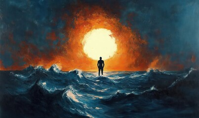 Silhouette of a solitary figure standing on turbulent ocean waves facing a large glowing sun at sunset or sunrise with dramatic fiery sky