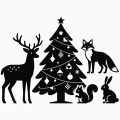 Fototapeta premium Enchanted Winter Forest Scene: Silhouetted Deer, Fox, Squirrel, and Rabbit Gather Around a Decorated Christmas Tree Under Starry Sky