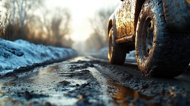 Close-up of muddy truck tires driving on a wet, rutted dirt road with snowy edges and blurred trees in the background during sunset