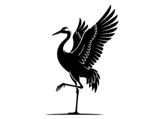 Obraz premium Black silhouette of a graceful crane bird standing on one leg with wings spread against a white background.