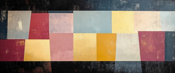 Abstract geometric painting with horizontal rows of textured multicolored rectangles in muted tones of red, yellow, blue, and gray creating a balanced composition