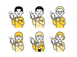 スマートフォンの画面を指差す、いろいろな年齢のの男女の上半身ベクターイラスト素材セット