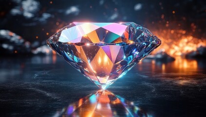Fototapeta premium Close-up of a sparkling, multi-faceted diamond resting on a reflective surface with fiery glowing embers and dark blurred background creating a dramatic and vibrant ambiance