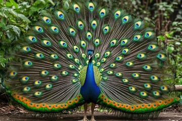 Majestic male peacock proudly displaying full iridescent tail with vibrant eyespots against lush green foliage