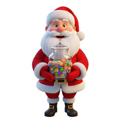 Charming festive character, a jolly figure, stands with a jar of colorful sweets, spreading confectionery joy and holiday cheer