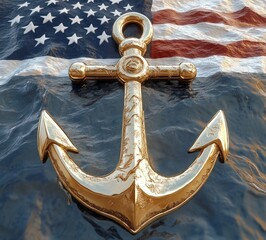 Polished golden anchor resting on rippling water over a waving american flag, evoking maritime pride and patriotic strength