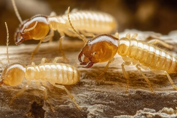close-up of translucent pale termites with brown heads and visible mandibles crawling on wood grain, clustered colony conveying a busy, unsettling infestation