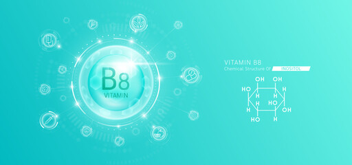 Synthetic natural vitamin B8 in hexagonal dome blue. Surrounded by fruit, vegetable, syringe, pills and IV bag icons. Chemical structure of Inositol. Medical scientific concepts. Vector.