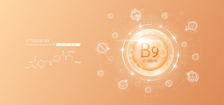 Synthetic natural vitamin B9 in hexagonal dome orange. Surrounded by fruit, vegetable, syringe, pills and IV bag icons. Chemical structure of Folic Acid. Medical scientific concepts. Vector.
