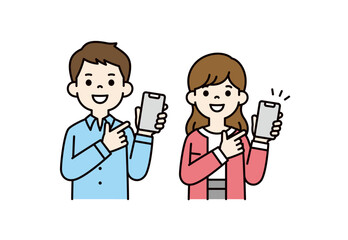 スマートフォンの画面を指差す、若いビジネスパーソンの上半身ベクターイラスト素材セット＿カラー