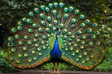 Obraz premium Male peacock displaying iridescent blue and green plumage with fully fanned tail and eye-patterned feathers, standing proud and majestic in lush greenery