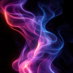 Obraz premium Ethereal neon smoke ribbons in pink, purple, and blue swirling like a cosmic nebula over a star-speckled black background, dreamy and graceful
