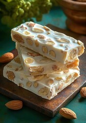 Three stacked white almond nougat bars on a rustic wooden board with scattered whole almonds, warm cozy and indulgent still life