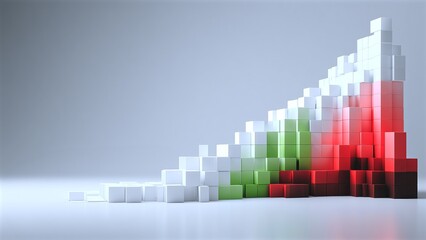 Abstract bar chart showing growth and decline, with data visualization representing financial statistics, business analytics, and market trends moving from green to red cubes