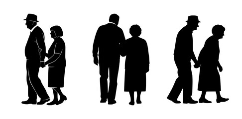 Silhouettes of Elderly Couples Walking Together