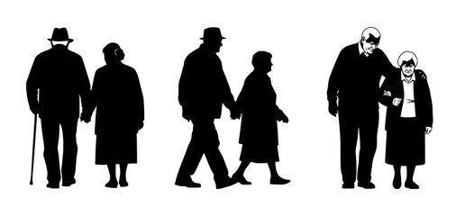 Senior Couples Walking Together Silhouettes