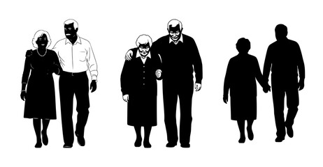 Elderly Couples Walking Together in Silhouette