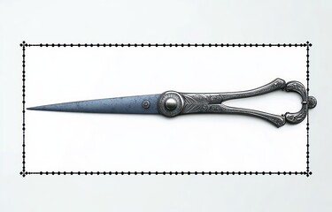 ornate antique silver letter opener with tapered blue blade and embossed filigree handle on white background framed by dotted decorative border, elegant nostalgic mood