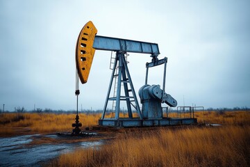 Fototapeta premium solitary blue and yellow oil pumpjack standing in a muddy field of golden dry grass under a gray overcast sky, conveying industrial isolation and cold desolation
