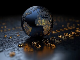 glowing digital globe with illuminated continents resting on a dark circuit board scattered with golden question marks, evoking futuristic mystery and uncertainty