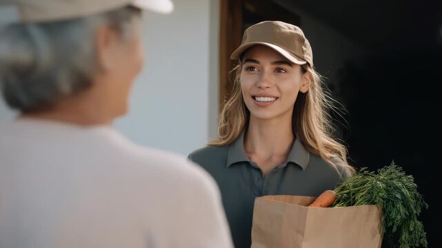 Happy Woman Delivering Groceries to Senior Customer at Front Door