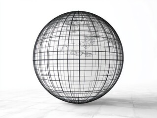 minimalist wireframe globe with latitude and longitude grid and faint continent outlines floating above a tiled white floor with a soft shadow, evoking technical contemplative precision