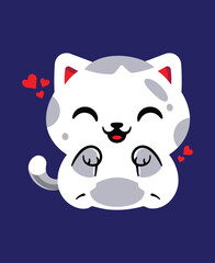 Cute smiling cat character with hearts adorable cartoon illustration on blue background
