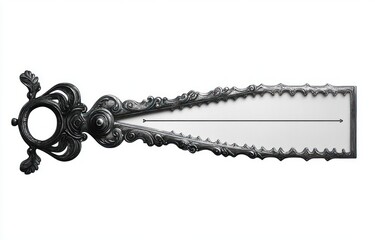 Ornate antique metal letter opener with circular ring handle and filigree scrollwork, triangular serrated blade with scalloped decorative border and central arrow detail, evoking refined elegance
