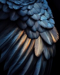 Fototapeta premium Close-up of overlapping blue and brown bird feathers showcasing soft texture and intricate details against a dark background