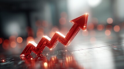 Red glass zigzag arrow rising on a dark reflective surface with soft bokeh glow, symbolizing financial growth, rising profits, positive market trend and economic success