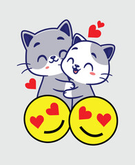 Cute cat couple hugging with heart emojis adorable romantic cartoon illustration