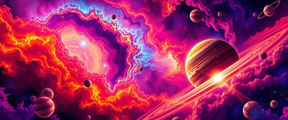 Vibrant, swirling nebulae, retro-styled planets, cosmic rays, comic book texture,  explosion,  captivating