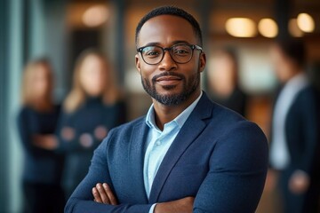 Fototapeta premium Confident African American businessman wearing glasses and navy blazer standing with arms crossed in modern office with blurred colleagues in background