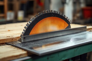 Close-up of a circular saw blade mounted on a table saw cutting wooden planks in a woodworking workshop