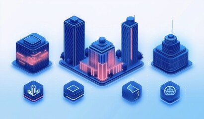 Futuristic glowing digital cityscape with skyscrapers and modern buildings illuminated in blue and pink light with floating interface icons below