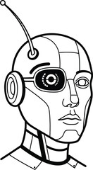 Futuristic cyborg head with monocular eye patch and antenna concept art for science fiction and technology themes isolated on white background