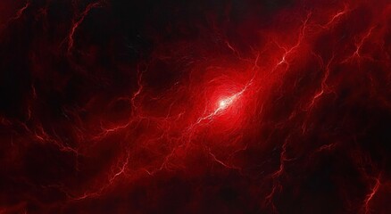 Abstract cosmic scene with bright red glowing center and radiating lightning-like red veins on a dark background