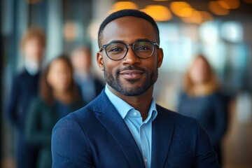 Fototapeta premium Confident young man wearing glasses and suit smiling in front of blurred diverse group of people in modern office environment