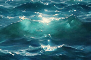 Fototapeta premium Sunlight reflecting on the surface of teal and deep blue ocean waves creating a serene and dynamic seascape