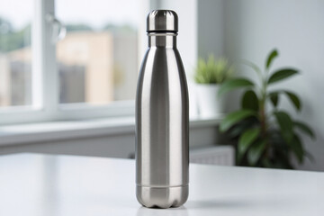 Stylish reusable stainless steel water bottle standing on white table surface in modern bright living room interior for eco friendly lifestyle concept