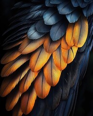 Obraz premium Close-up of vibrant bird feathers showing smooth texture and gradient colors from deep blue to bright orange with soft lighting