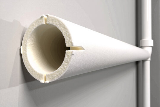 Cross section detail of white polyethylene foam pipe insulation material covering plastic water tube installed on grey wall for thermal protection concept