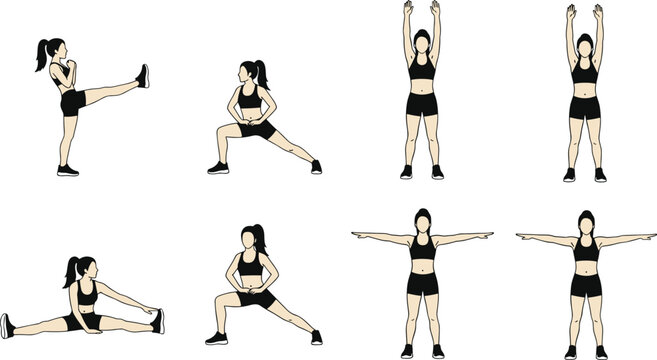 Collection of essential fitness exercises and stretching poses for women, including kick, lunge, and arm movements, representing a full-body warmup and strength workout routine.