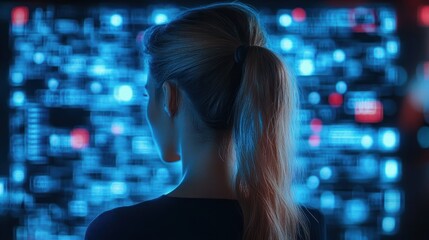 Woman with a ponytail facing a large digital screen filled with blue and red glowing data and code blocks, immersed in technology and analysis