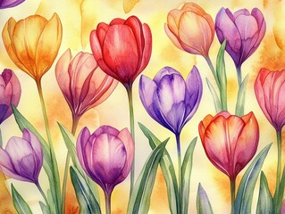 Fototapeta premium Colorful crocus flowers in shades of purple, orange, red, and pink with green leaves against a warm golden background, evoking a fresh spring morning