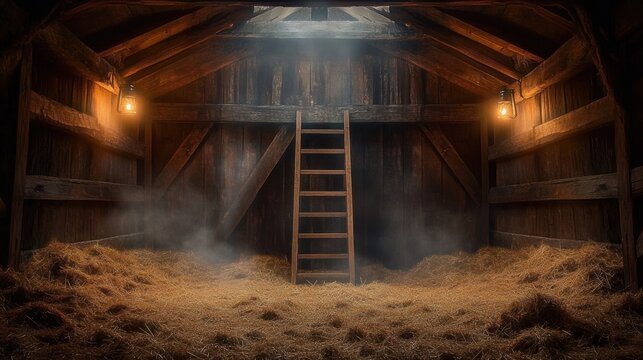 Dimly lit rustic wooden barn interior with a wooden ladder in the center, hay covering the floor, and misty light beams filtering through the roof - Powered by Adobe