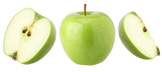 green apple (granny smith apple), half and slice isolated, transparent PNG, PNG format, Close-up image